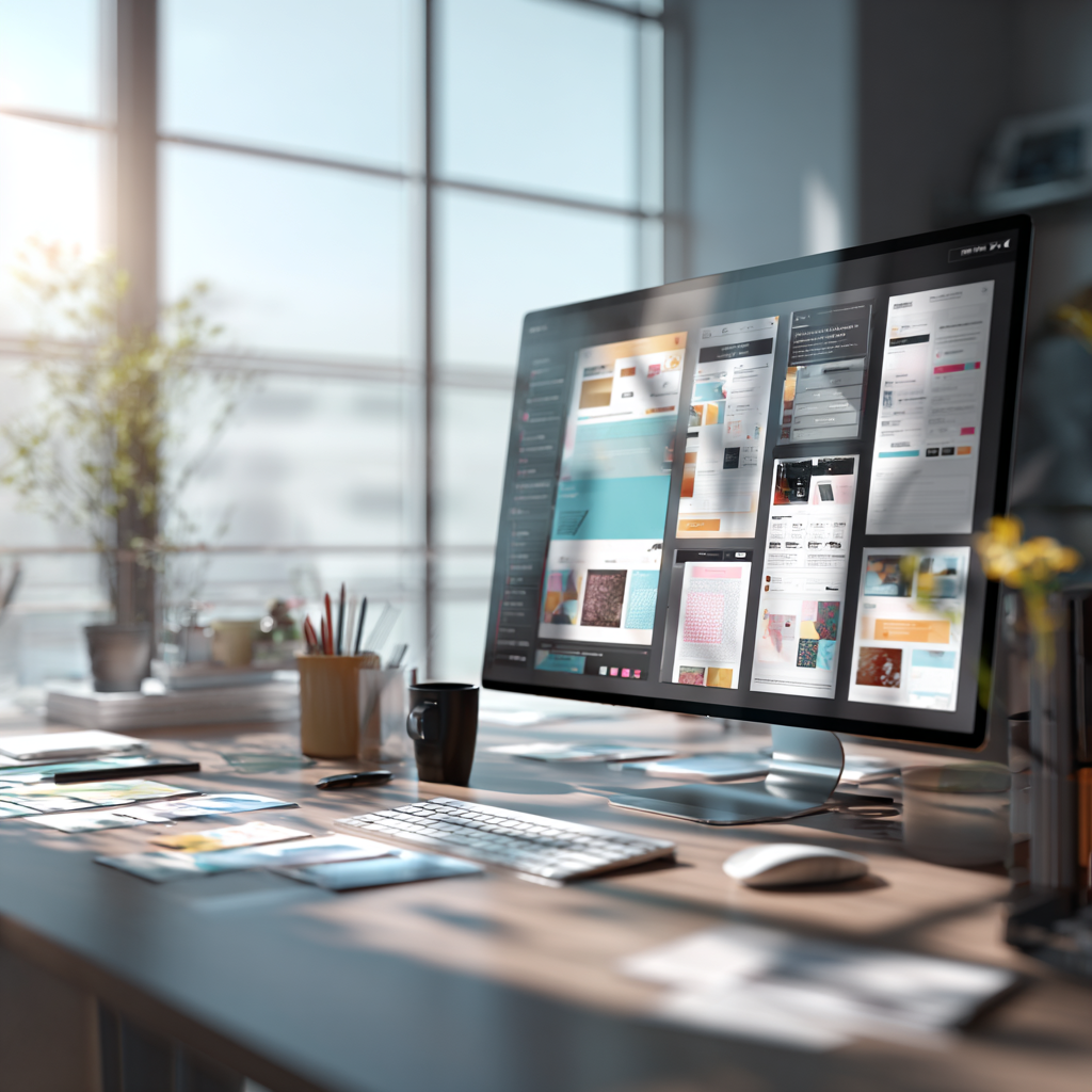 Ordinateur affichant une interface de création de site web moderne avec des wireframes et des outils de design sur un bureau lumineux.