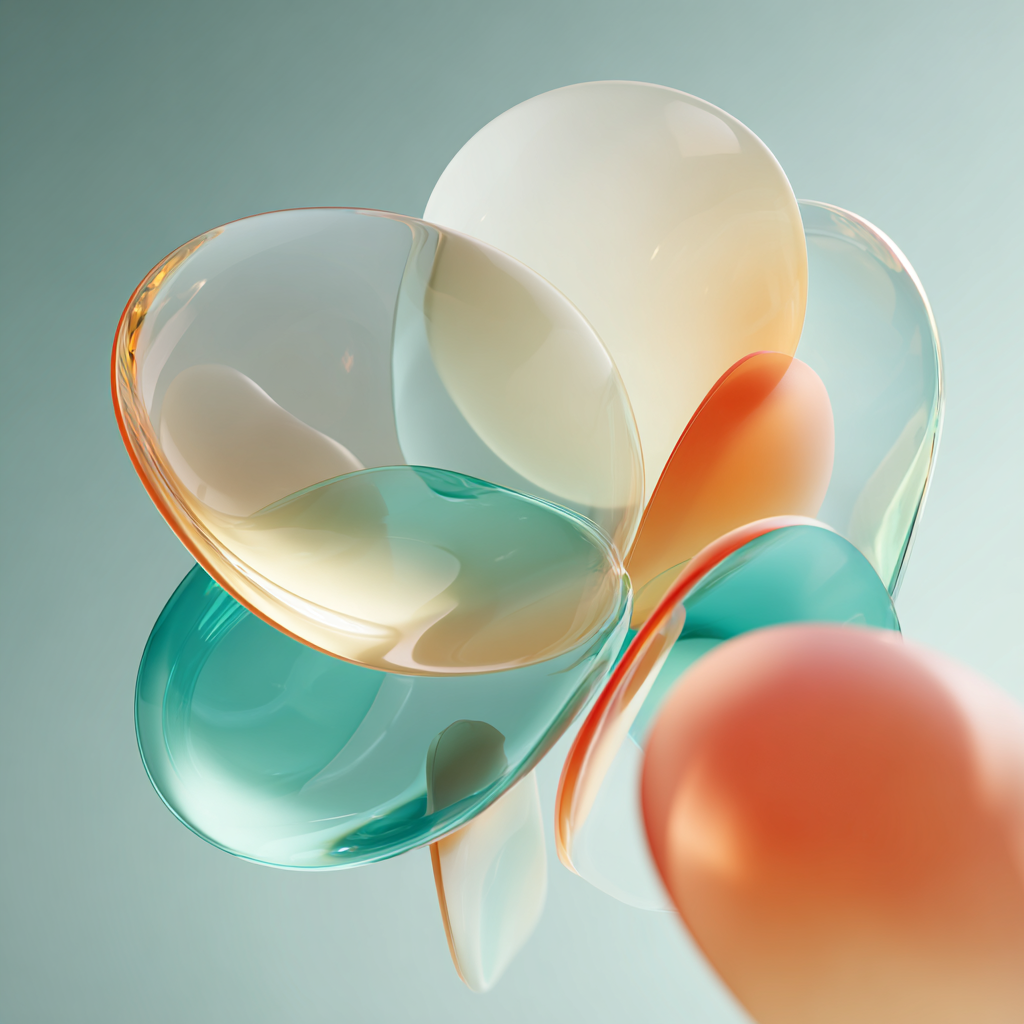 Composition fluide et lumineuse inspirée du style Apple, aux tons nacrés et turquoise, intégrant des éléments subtils de palettes et de design visuel.