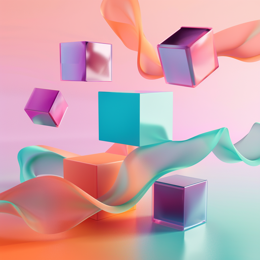 Illustration abstraite et colorée représentant des formes 3D flottantes évoquant des emballages et boîtes produits, sur fond pastel lumineux, symbolisant l’art du packaging et les erreurs à éviter.