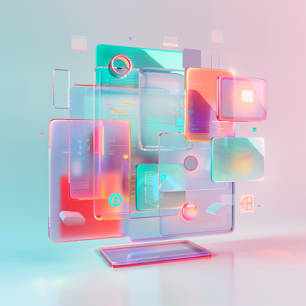 Illustration 3D minimaliste et colorée représentant les tendances UX/UI design 2026 avec des éléments d’interface flottants, des écrans lumineux et des formes abstraites symbolisant la créativité numérique et l’innovation technologique.