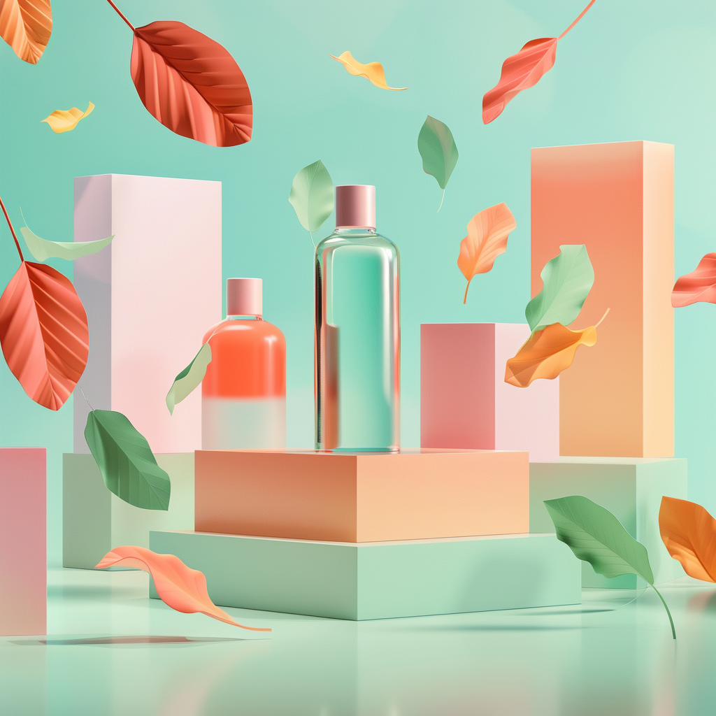 Illustration abstraite en 3D représentant des emballages écologiques flottants entourés de formes organiques et de feuilles translucides, sur un fond coloré et lumineux, symbolisant le design durable et moderne des marques responsables.