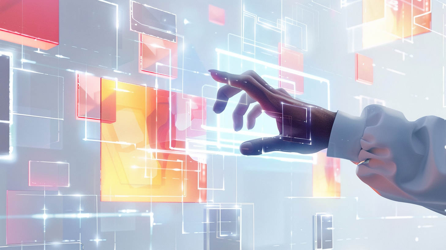 Illustration futuriste représentant le no-code comme un outil donnant une impression d’autonomie tout en reposant sur des structures invisibles