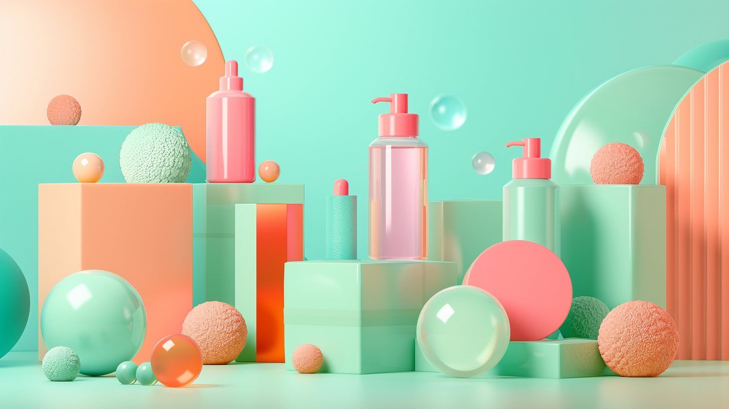 Illustration 3D de packagings premium minimalistes et colorés, représentant l’équilibre entre design esthétique et performance fonctionnelle dans une stratégie de packaging moderne.